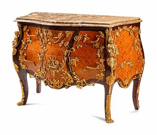 A Louis XV Style Gilt Bronze Mounted Parquetry Marble-Top Commode After the Model by Charles Cressent