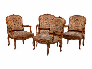 A Set of Four Louis XV Beechwood Fauteuils with Tapestry Upholstery