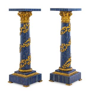 A Pair of Louis XV Style Gilt Bronze Mounted Lapis Lazuli Pedestals