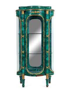 A Louis XV/XVI Transitional Style Gilt Metal Mounted Malachite Veneered Vitrine Cabinet