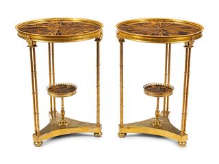 A Pair of Louis XVI Style Gilt Bronze and Tiger's Eye Tables in the Manner of Adam Weisweiler