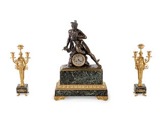 An Empire Style Gilt and Patinated Bronze and Marble Clock Garniture