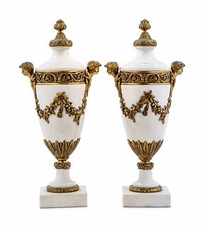 A Pair of Louis XVI Style Gilt Bronze and Marble Urns