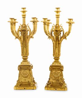 A Pair of Empire Style Gilt Bronze Five-Light Candelabra