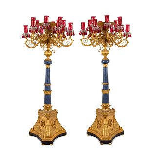 A Pair of Monumental Empire Style Gilt Bronze and Lapis Lazuli Torcheres