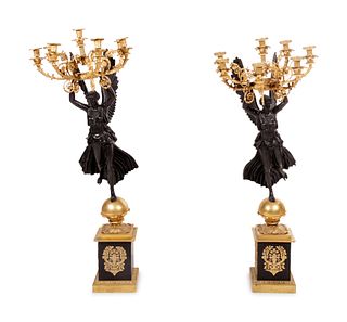 A Pair of Empire Style Gilt and Patinated Cast Metal Seven-Light Torcheres