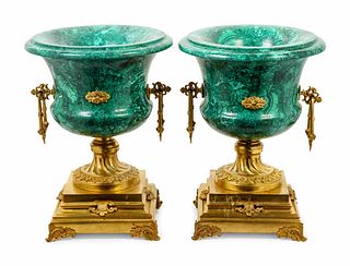 A Pair of Empire Style Gilt Bronze Mounted Malachite Veneered Urns