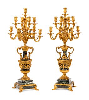 A Pair of Napoleon III Gilt Bronze and Marble Nine-Light Candelabra