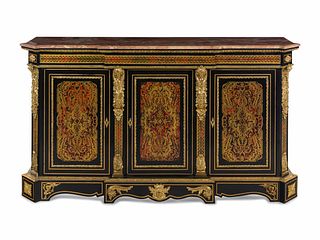 A Napoleon III Style Simulated Tortoiseshell and Brass Inlaid Marble-Top Sideboard
