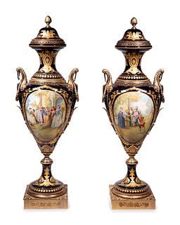 A Pair of Monumental Sevres Style Gilt Metal Mounted Porcelain Covered Urns on Pedestals