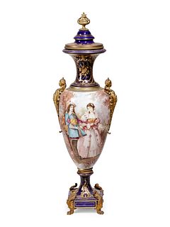 A Sevres Style Gilt Metal Mounted Porcelain Covered Urn