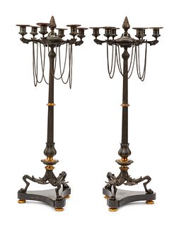 A Pair of French Neoclassical Style Bronze Six-Light Candelabra