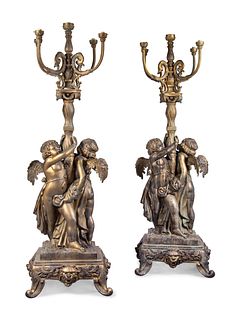 A Pair of Neoclassical Style Parcel Gilt Cast Metal Five-Light Torcheres