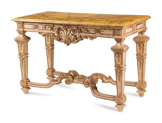 An Italian Painted and Parcel Gilt Faux Marble-Top Console Table