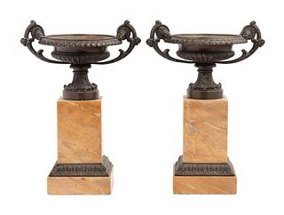 A Pair of Grand Tour Bronze Tazze On Marble Bases