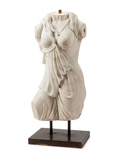 An Italian Carved White Marble Female Torso on an Iron Base