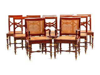 A Set of Ten Baltic Neoclassical Style Gilt Bronze Mounted Mahogany Dining Chairs