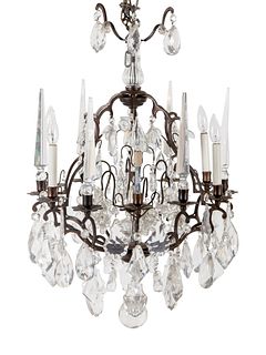 A Gilt Bronze and Glass Six-Light Chandelier with Fruit Prisms