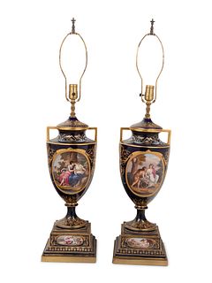 A Pair of Vienna Porcelain Urns Mounted as Lamps