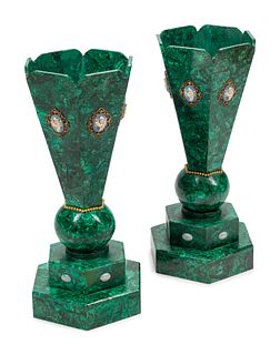 A Pair of Jasperware Medallion-Mounted Malachite Veneered Vases