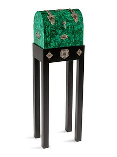 A Ruby, Emerald and Filigree Mounted Malachite Casket on Stand