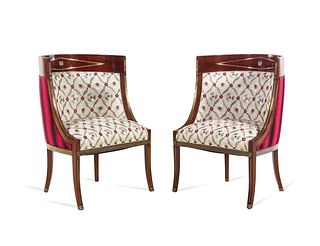 A Pair of Russian Neoclassical Brass Inlaid Mahogany Bergeres