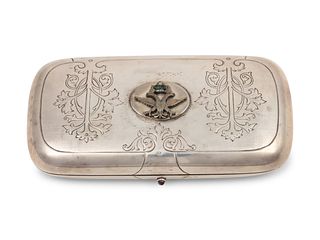 A Russian Silver Emerald and Diamond Inset Cigarette Case