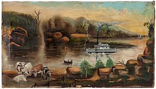 Folk Art River Scene with Steamboat 