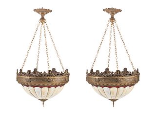 A Pair of American Neoclassical Gilt Bronze and Slag Glass Ceiling Fixtures