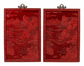 A Pair of Chinese Export Carved Red Lacquer Panels