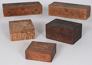 Pyrography Boxes with Figural and Naturalistic Motifs 