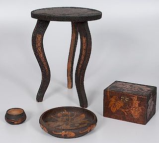 Pyrography Diminutive Table and Other Items 