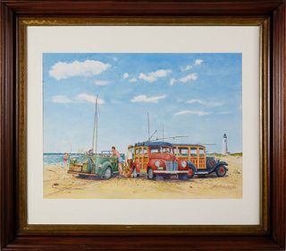 John Hutchinson Watercolor on Paper, “The Good Old Days, Surfcasting at Great Point”