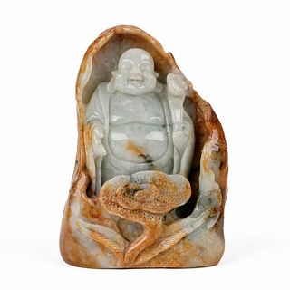Modern Chinese Carved Jade Buddha w/ Ruyi Scepter