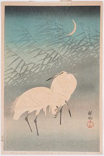 Ohara Koson Egrets & Crescent Moon Woodblock Print