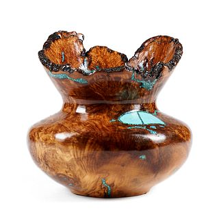 Jimmy Cook Turquoise Burl Wood Vase