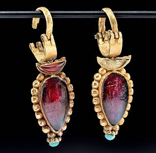 Published Greek Gold Earrings  w/ Garnet & Turquoise