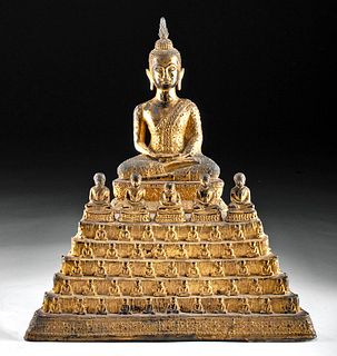 18th C. Thai Gilded Brass Seated Buddha Atop 7 Tiers