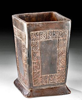 Maya Pottery Cuboid Vessel with Glyphs
