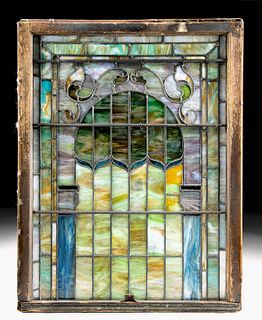 19th C. American Stained Glass Window w/ Wood Frame