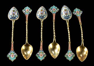 Six 19th C. Russian Matched Gilt Enamel Spoons