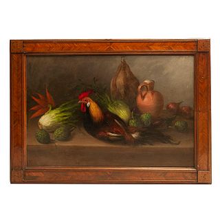 ANÓNIMO. Bodegón con gallo. Óleo sobre tela. Enmarcado. 53 x 78 cm