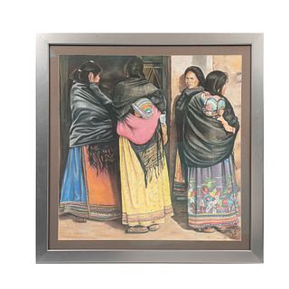 FIRMA SIN IDENTIFICAR. Mujeres indígenas. Firmada al frente. Pastel sobre papel algodón. Enmarcado. 91 x 90 cm