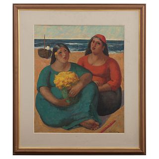 ÁNGEL CHÁVEZ. Carmen y Rosa con flores. Firmado y fechado 89 al reverso. Óleo sobre tela. Enmarcado. 52 x 43 cm
