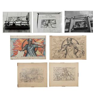 FRANCISCO MORA Lote de 7 obras. Sin enmarcar Consta de: "Libertad de prensa", 1953 Boceto para fresco sobre cemento y 3 fotografías.