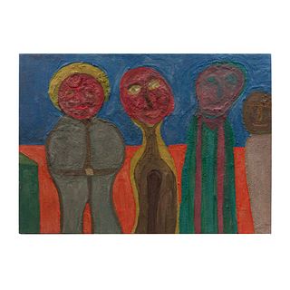 ELISEO GARZA "ELGAR" Cuatro personajes Óleo y polvo de tierra volcánica sobre tela 100 x 140 cm. Con certificado de autenticidad.