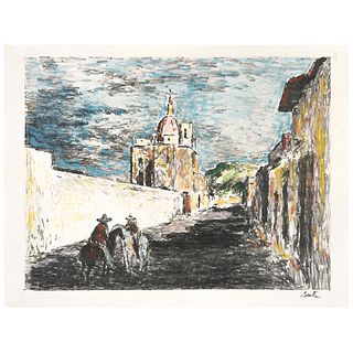 ARTURO SOUTO, Escena de calle mexicana con dos hombres a caballo, Firmada, Litografía intervenida con pastel s/tiraje, 30.5 x 39 cm