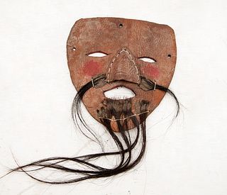 Máscara Tarahumara. Barrancas del Cobre, Chihuahua, México. Siglo XX. Elaborada en cuero. Con aplicaciones de pelo natural.