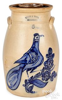 NY stoneware churn, White & Wood Binghamton bird