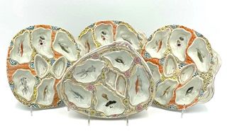 Four Hand Painted Porcelain Oyster Plates